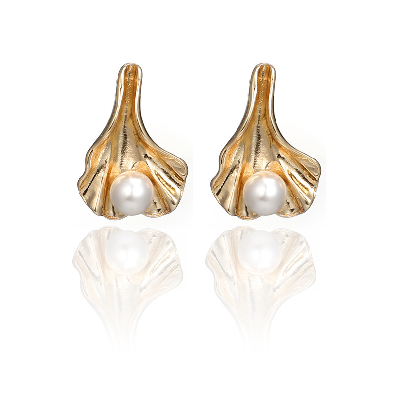 Metal Gold Geometric Irregular Circle Square Natural Imitation Pearl Stud Earrings for Women Girl Gift