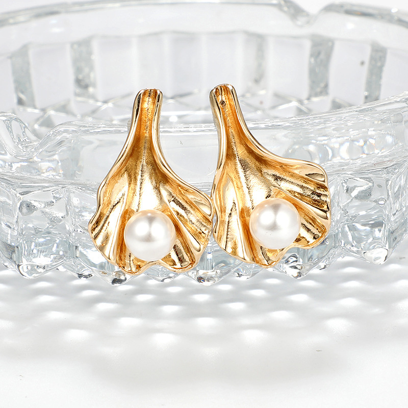 Metal Gold Geometric Irregular Circle Square Natural Imitation Pearl Stud Earrings for Women Girl Gift