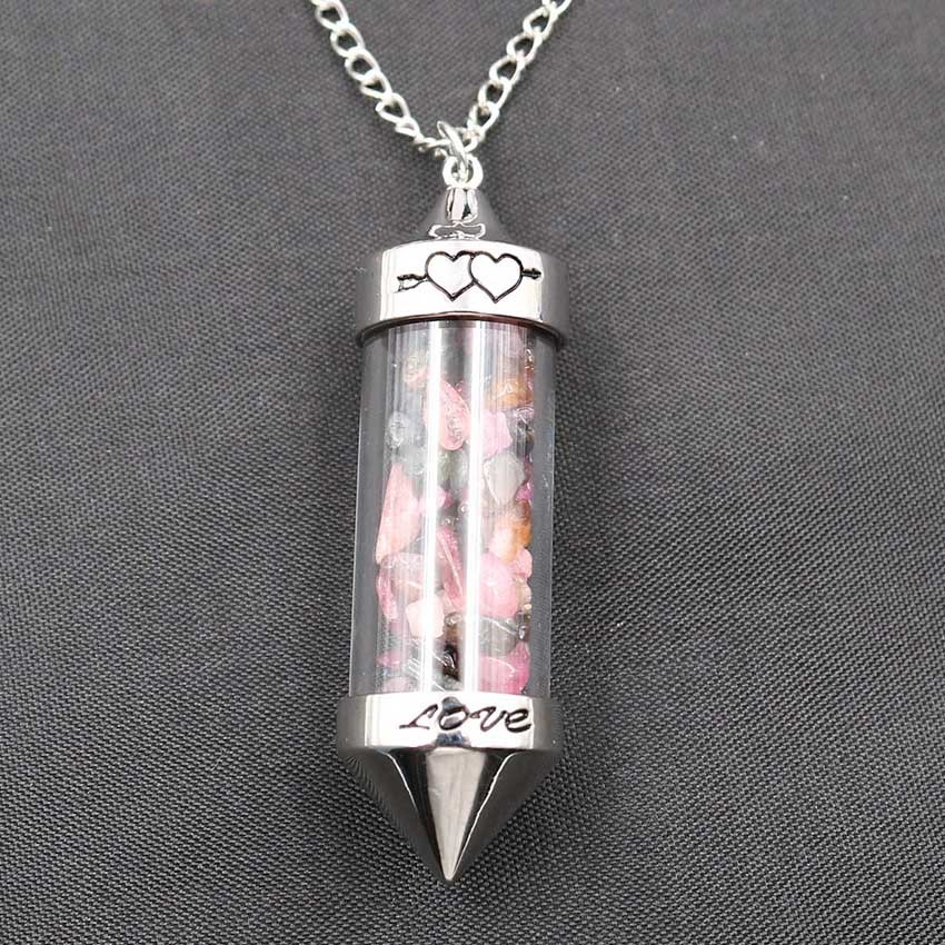 Healing Stone Chip 7 Chakra Pendulum Crystal Pendant Necklace with 80cm Chain Wish Bottle Necklace Dowsing Amulet