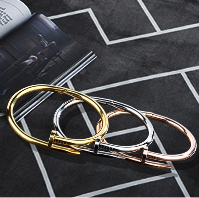 Unisex Stainless Steel w/CZ Nail Style Love Bangle Bracelet For Women Men