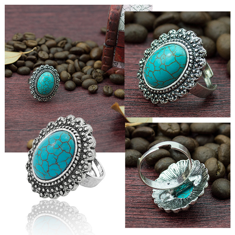 Women's Fashion Silver Zircon Alloy Oval Synthetic Turquoise Ring