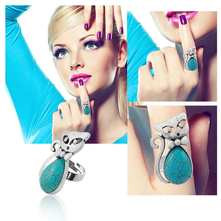 Women's Fashion Silver Zircon Alloy Oval Synthetic Turquoise Ring