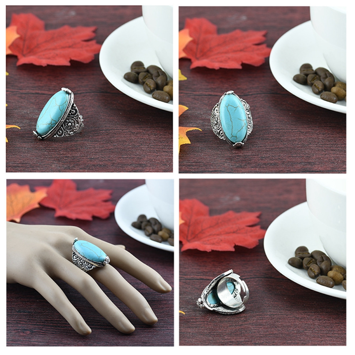 Women's Fashion Silver Zircon Alloy Oval Synthetic Turquoise Ring