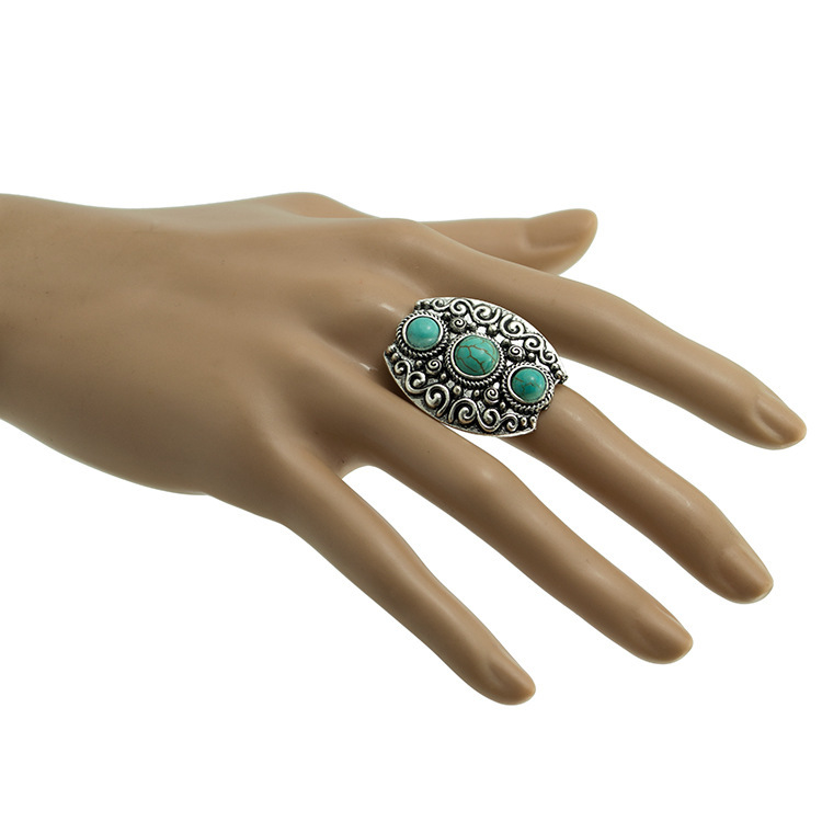 Women's Fashion Silver Zircon Alloy Oval Synthetic Turquoise Ring