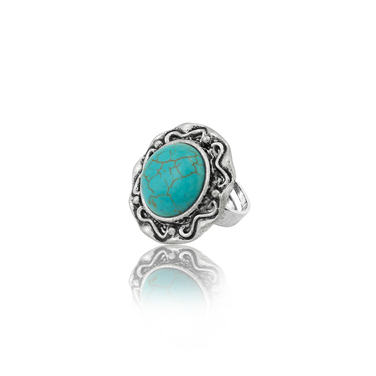 Women's Fashion Silver Zircon Alloy Oval Synthetic Turquoise Ring
