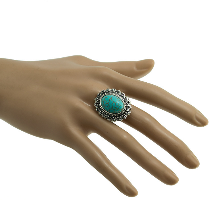 Women's Fashion Silver Zircon Alloy Oval Synthetic Turquoise Ring