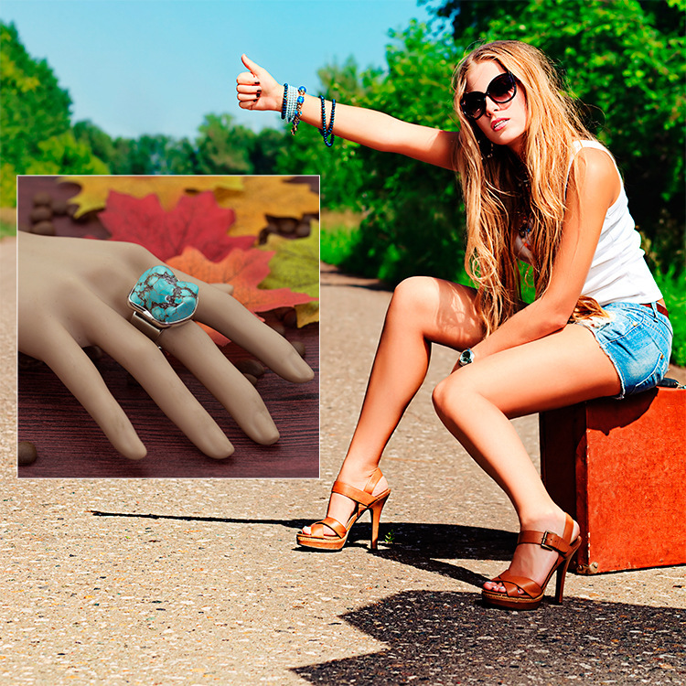 Women's Fashion Silver Zircon Alloy Synthetic Turquoise Ring