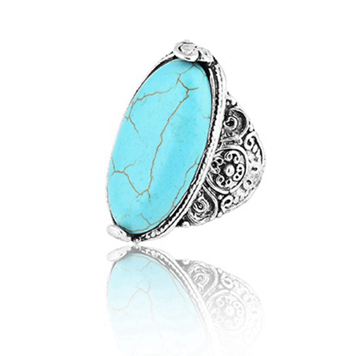 Women's Fashion Silver Zircon Alloy Oval Synthetic Turquoise Ring
