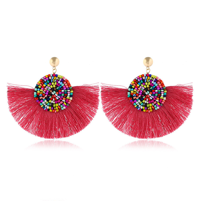 Colorful Masaic beads Waterdrop Fan Tassel Thread Stud Bohemian Earrings