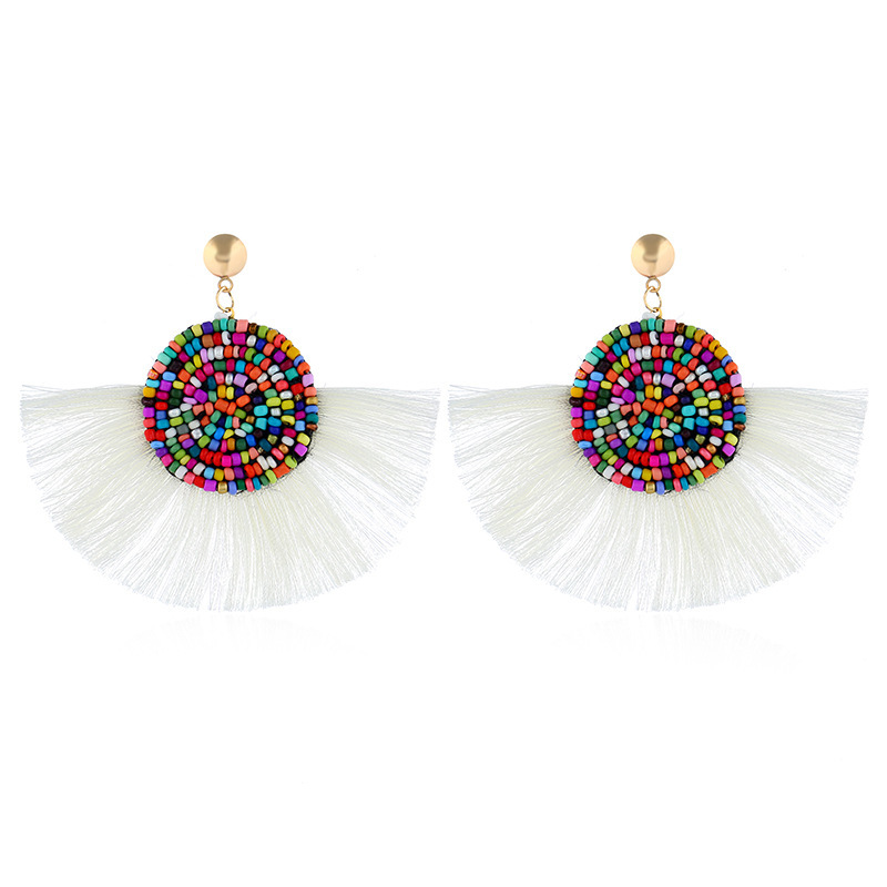 Colorful Masaic beads Waterdrop Fan Tassel Thread Stud Bohemian Earrings