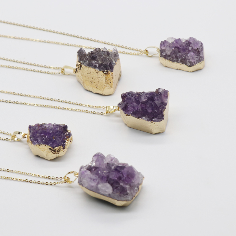 Amethyst Druzy Pendant Purple Druzy Necklace Drussy Gold Layer Raw Gemstone Bohemian Jewelry