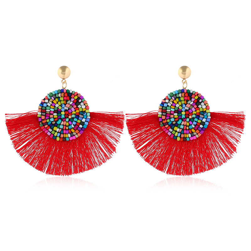 Colorful Masaic beads Waterdrop Fan Tassel Thread Stud Bohemian Earrings