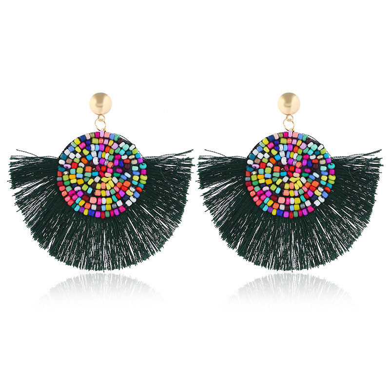 Colorful Masaic beads Waterdrop Fan Tassel Thread Stud Bohemian Earrings