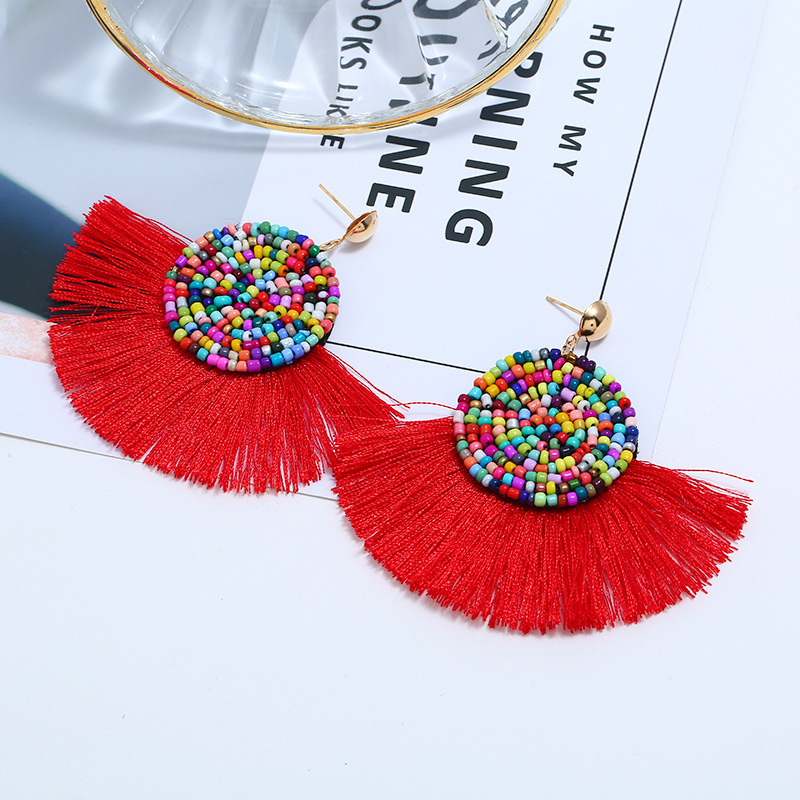Colorful Masaic beads Waterdrop Fan Tassel Thread Stud Bohemian Earrings