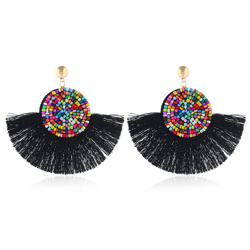 Colorful Masaic beads Waterdrop Fan Tassel Thread Stud Bohemian Earrings