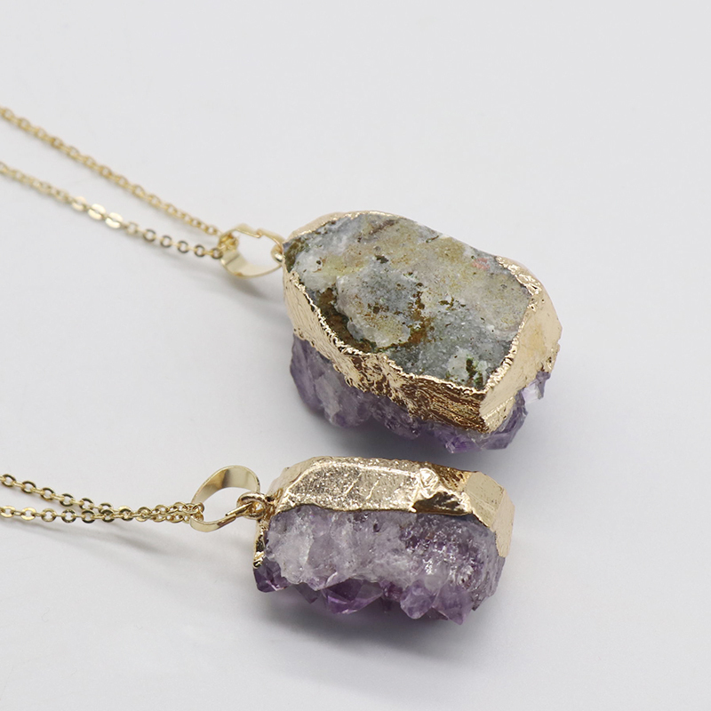 Amethyst Druzy Pendant Purple Druzy Necklace Drussy Gold Layer Raw Gemstone Bohemian Jewelry