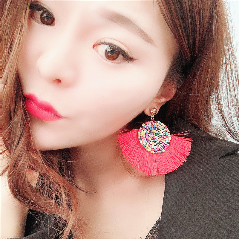 Colorful Masaic beads Waterdrop Fan Tassel Thread Stud Bohemian Earrings