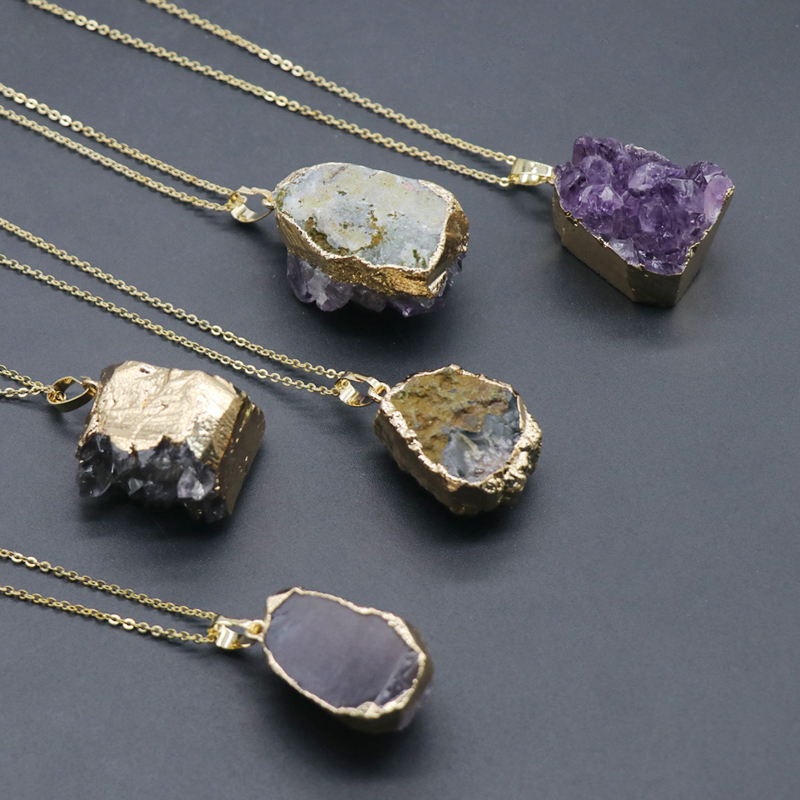 Amethyst Druzy Pendant Purple Druzy Necklace Drussy Gold Layer Raw Gemstone Bohemian Jewelry