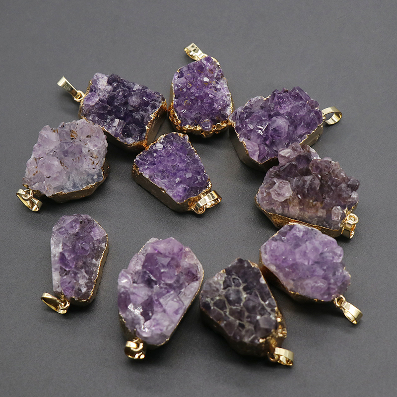 Amethyst Druzy Pendant Purple Druzy Necklace Drussy Gold Layer Raw Gemstone Bohemian Jewelry