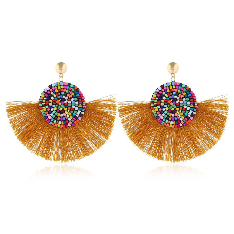 Colorful Masaic beads Waterdrop Fan Tassel Thread Stud Bohemian Earrings