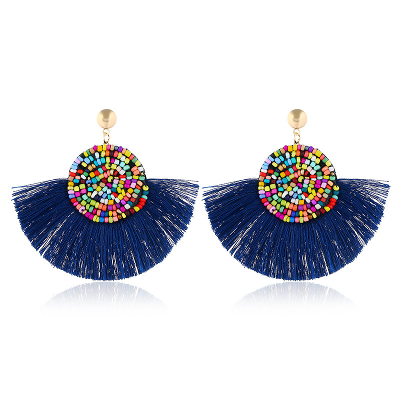 Colorful Masaic beads Waterdrop Fan Tassel Thread Stud Bohemian Earrings