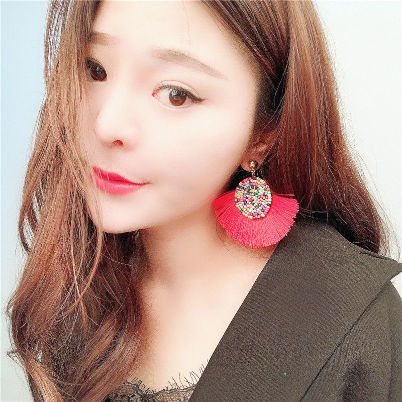 Colorful Masaic beads Waterdrop Fan Tassel Thread Stud Bohemian Earrings