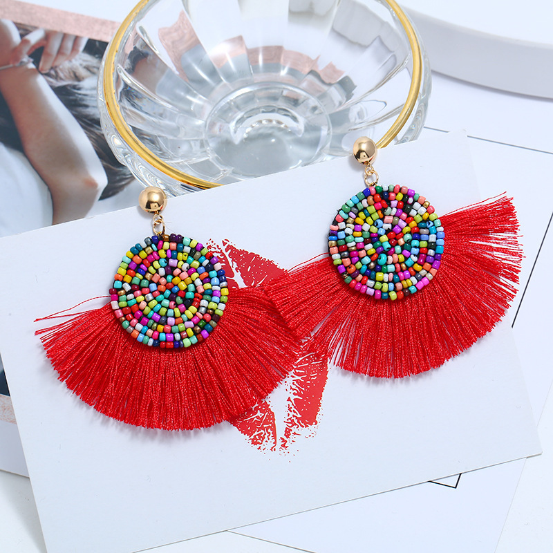 Colorful Masaic beads Waterdrop Fan Tassel Thread Stud Bohemian Earrings