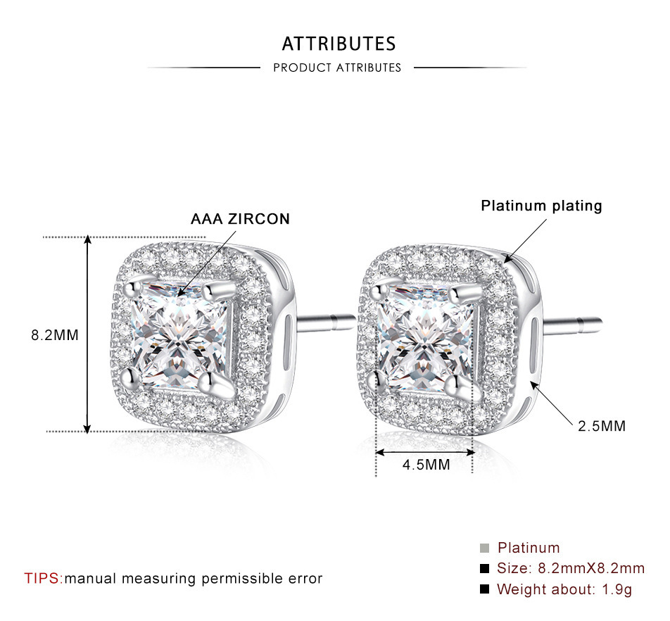 Halo Stud Earrings 18K White Gold Plated Waterdrop Square Brillant Cut Earrings