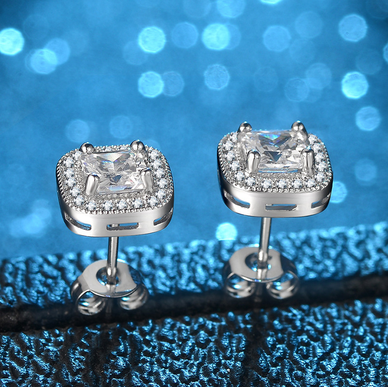 Halo Stud Earrings 18K White Gold Plated Waterdrop Square Brillant Cut Earrings