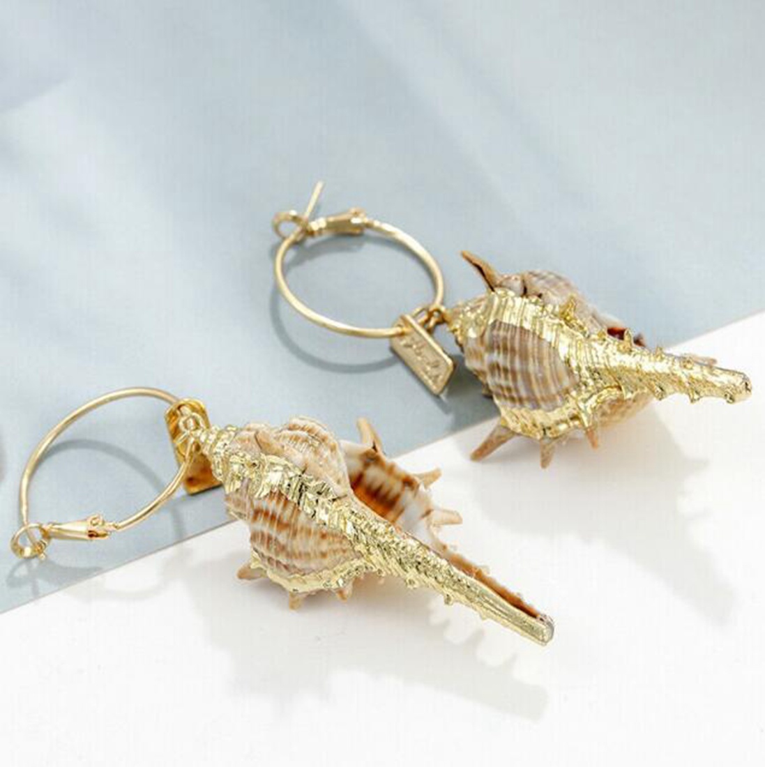 Sandy Tan Brown Colored Seashell Sea Shell Conch Design Fashion Drop Earrings