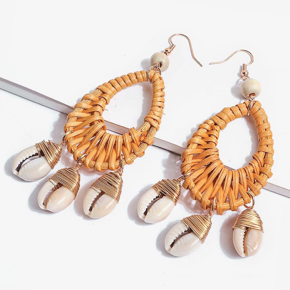 Earrings For Women Woven Handmade Straw Oval Or Circle Shell Drop Dangle Earrings Bohemian Lightweight Earrings Geometric Statement Earrings