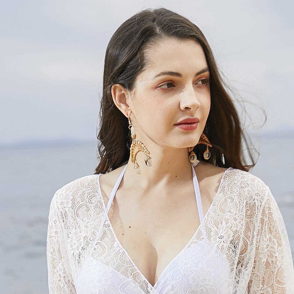 Earrings For Women Woven Handmade Straw Oval Or Circle Shell Drop Dangle Earrings Bohemian Lightweight Earrings Geometric Statement Earrings