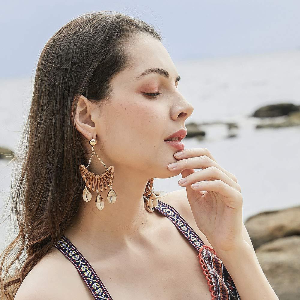 Earrings For Women Woven Handmade Straw Oval Or Circle Shell Drop Dangle Earrings Bohemian Lightweight Earrings Geometric Statement Earrings
