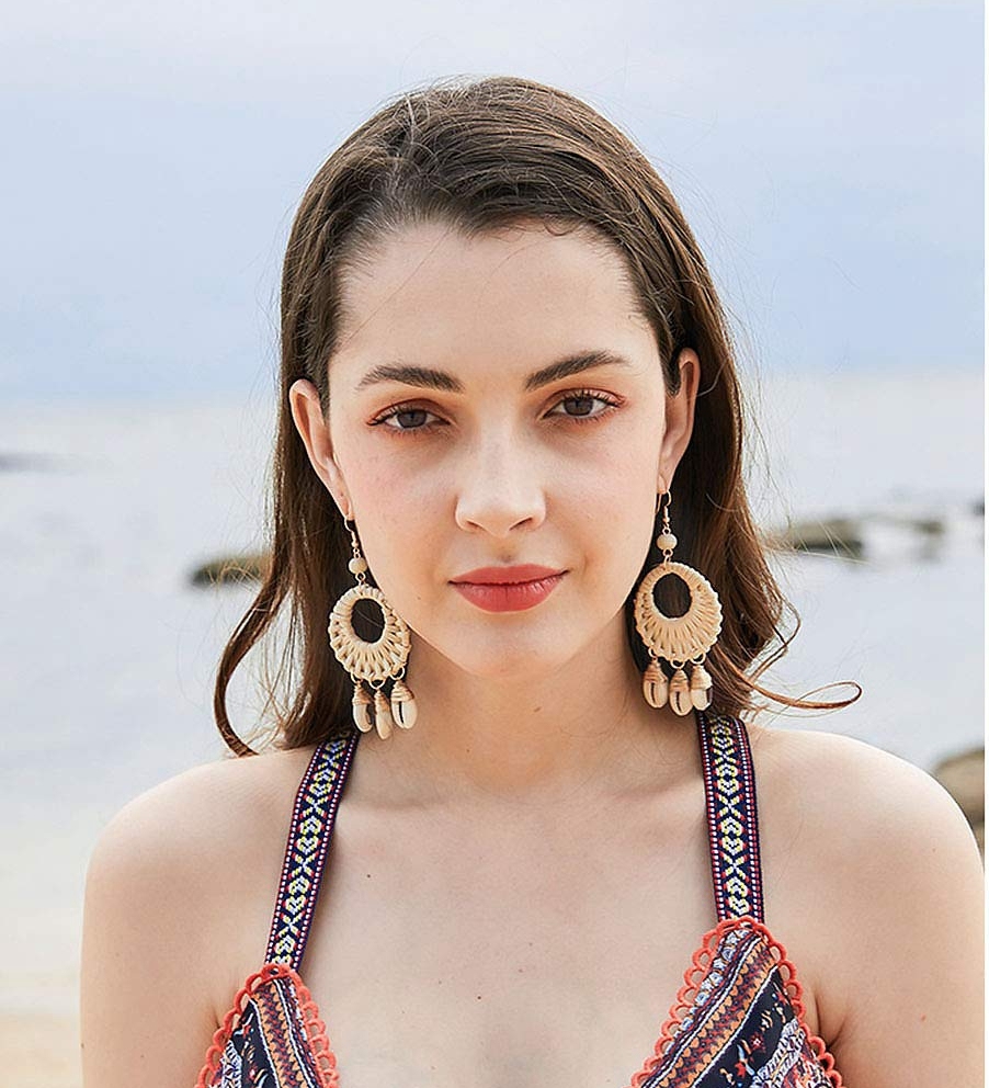 Earrings For Women Woven Handmade Straw Oval Or Circle Shell Drop Dangle Earrings Bohemian Lightweight Earrings Geometric Statement Earrings