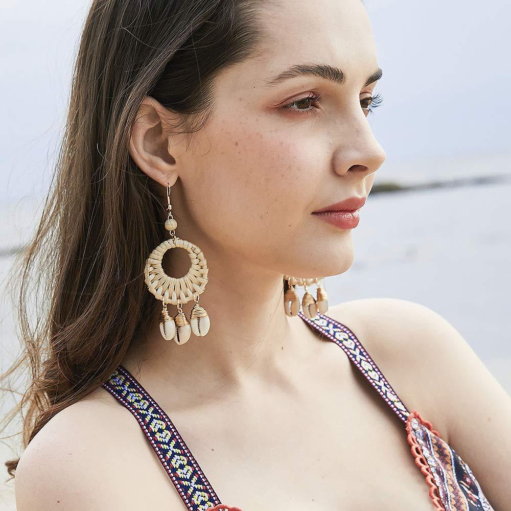 Earrings For Women Woven Handmade Straw Oval Or Circle Shell Drop Dangle Earrings Bohemian Lightweight Earrings Geometric Statement Earrings