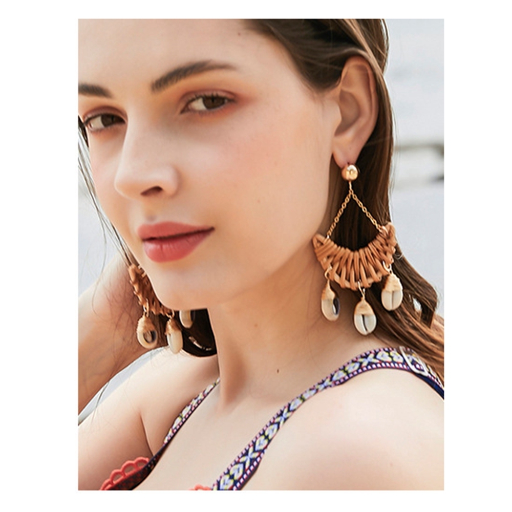 Earrings For Women Woven Handmade Straw Oval Or Circle Shell Drop Dangle Earrings Bohemian Lightweight Earrings Geometric Statement Earrings