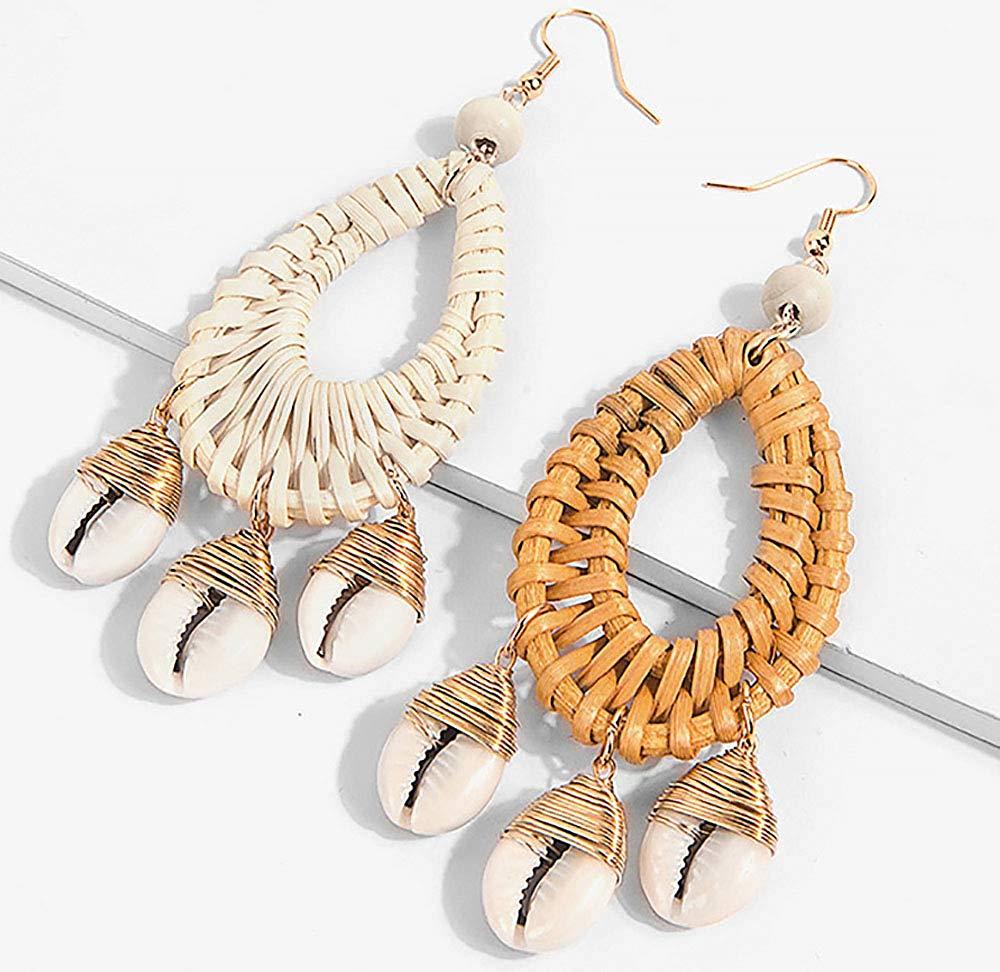 Earrings For Women Woven Handmade Straw Oval Or Circle Shell Drop Dangle Earrings Bohemian Lightweight Earrings Geometric Statement Earrings