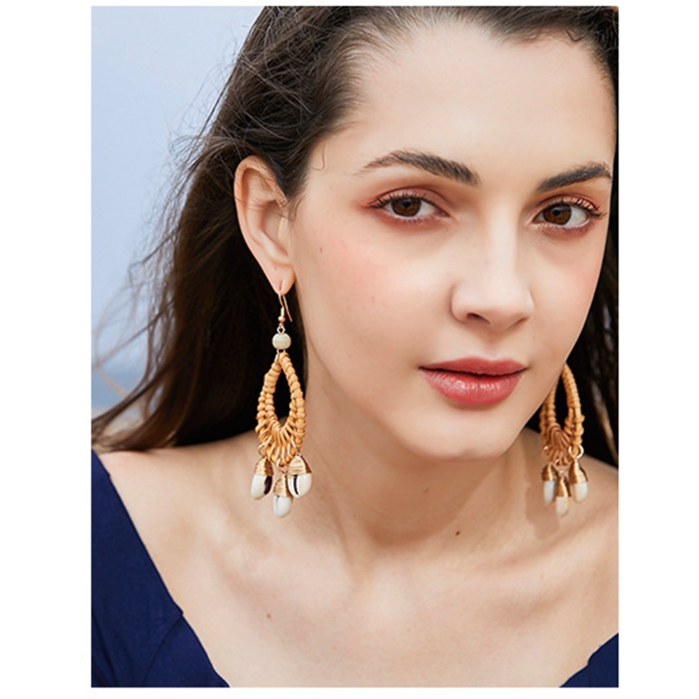 Earrings For Women Woven Handmade Straw Oval Or Circle Shell Drop Dangle Earrings Bohemian Lightweight Earrings Geometric Statement Earrings