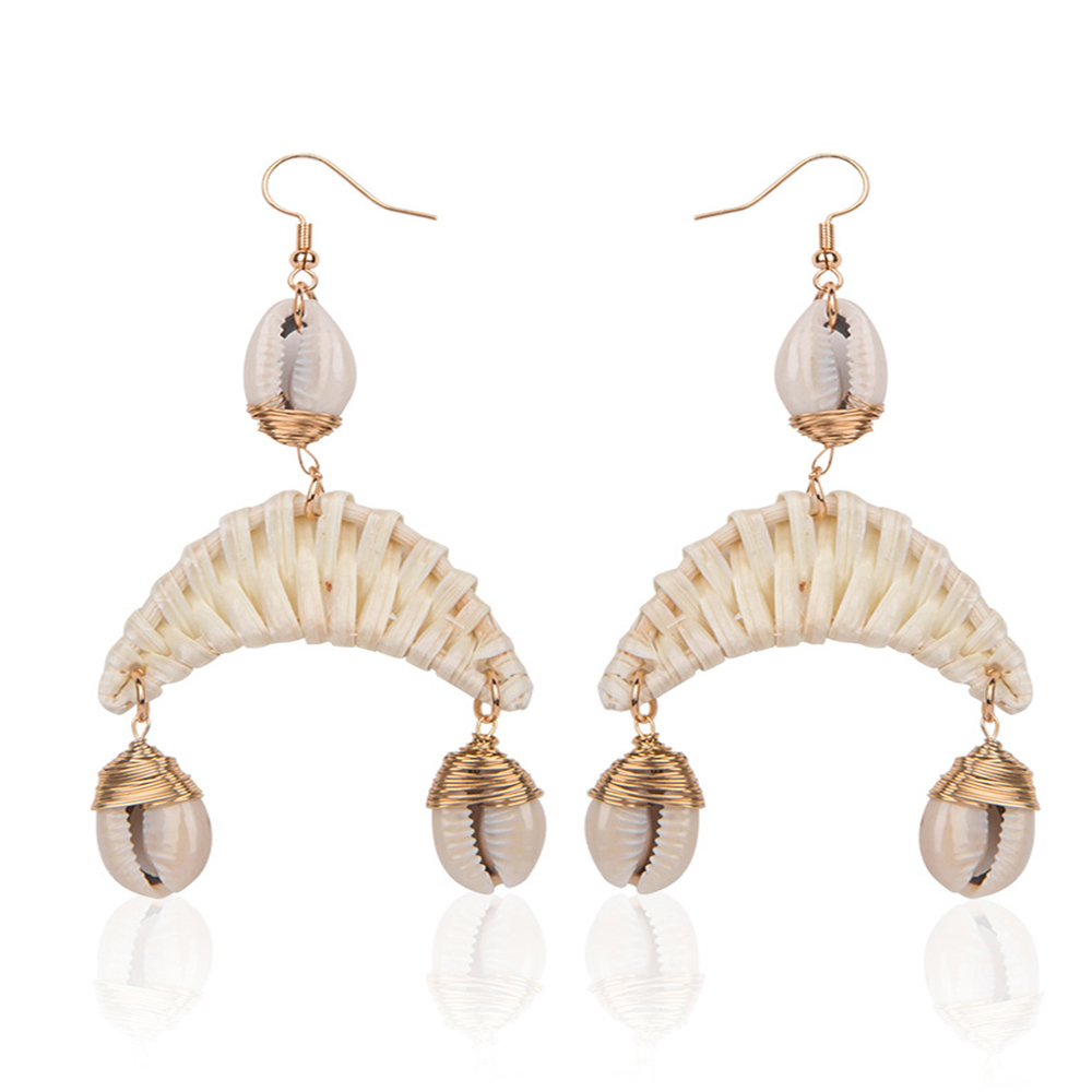 Earrings For Women Woven Handmade Straw Oval Or Circle Shell Drop Dangle Earrings Bohemian Lightweight Earrings Geometric Statement Earrings
