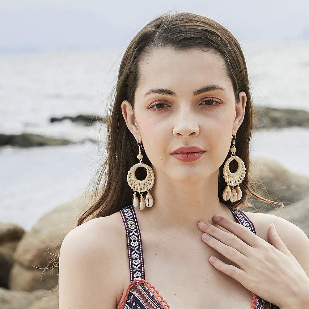 Earrings For Women Woven Handmade Straw Oval Or Circle Shell Drop Dangle Earrings Bohemian Lightweight Earrings Geometric Statement Earrings