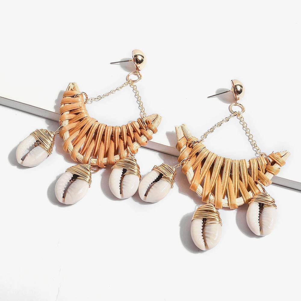Earrings For Women Woven Handmade Straw Oval Or Circle Shell Drop Dangle Earrings Bohemian Lightweight Earrings Geometric Statement Earrings