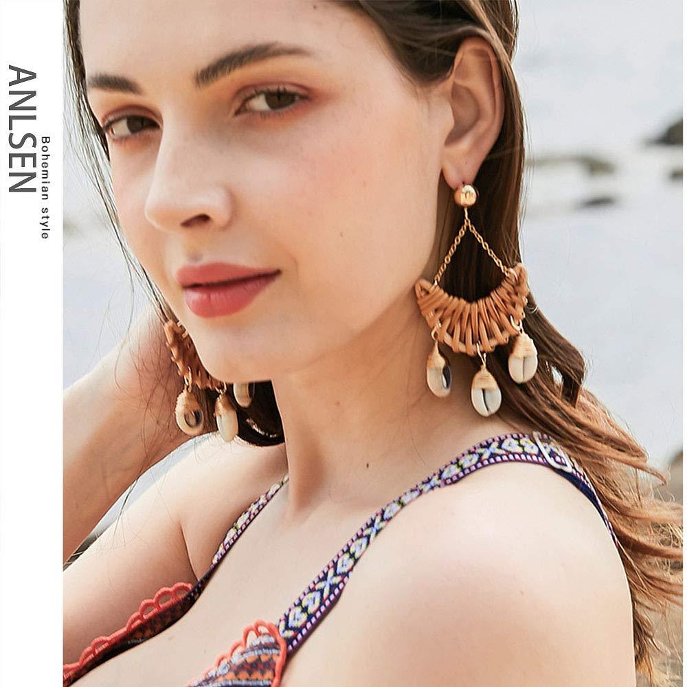 Earrings For Women Woven Handmade Straw Oval Or Circle Shell Drop Dangle Earrings Bohemian Lightweight Earrings Geometric Statement Earrings