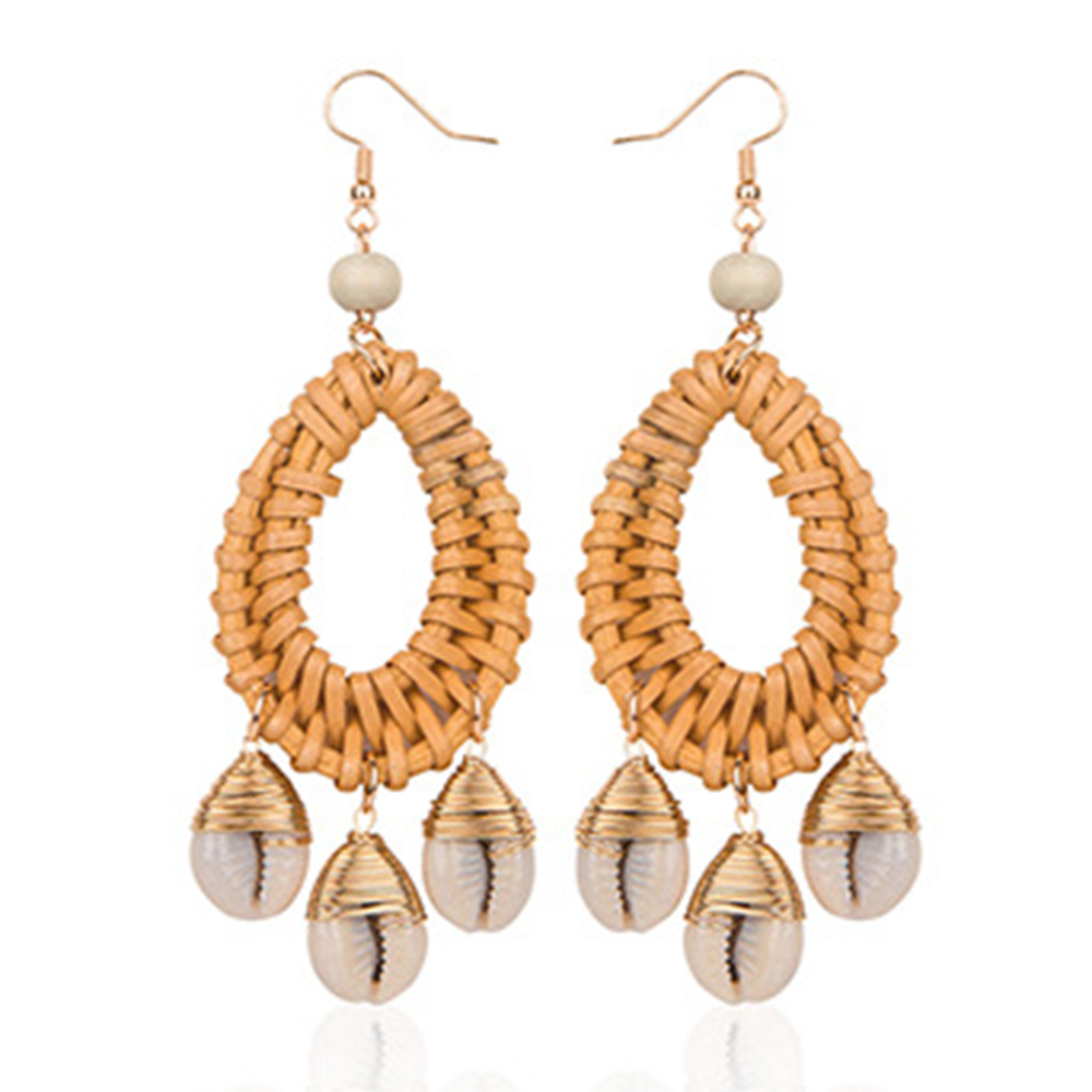Earrings For Women Woven Handmade Straw Oval Or Circle Shell Drop Dangle Earrings Bohemian Lightweight Earrings Geometric Statement Earrings