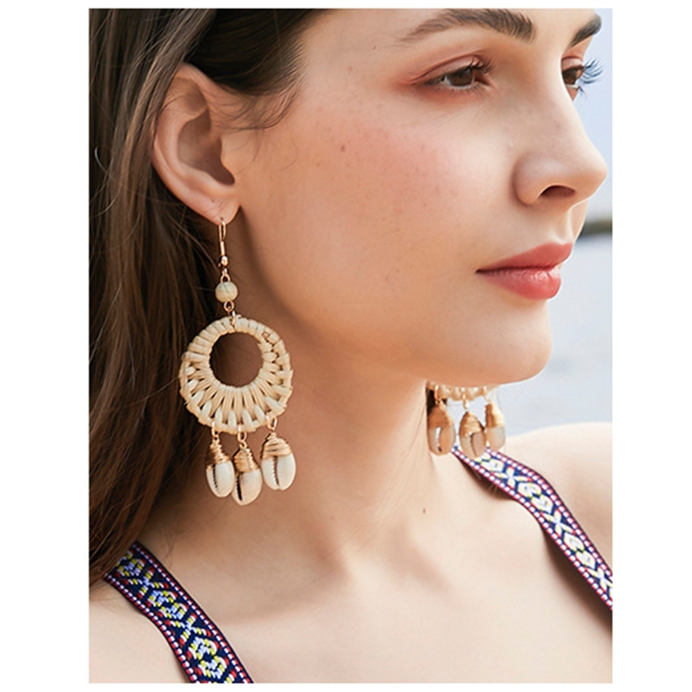 Earrings For Women Woven Handmade Straw Oval Or Circle Shell Drop Dangle Earrings Bohemian Lightweight Earrings Geometric Statement Earrings