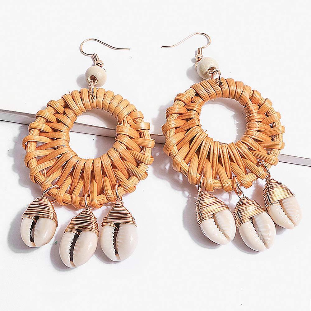 Earrings For Women Woven Handmade Straw Oval Or Circle Shell Drop Dangle Earrings Bohemian Lightweight Earrings Geometric Statement Earrings