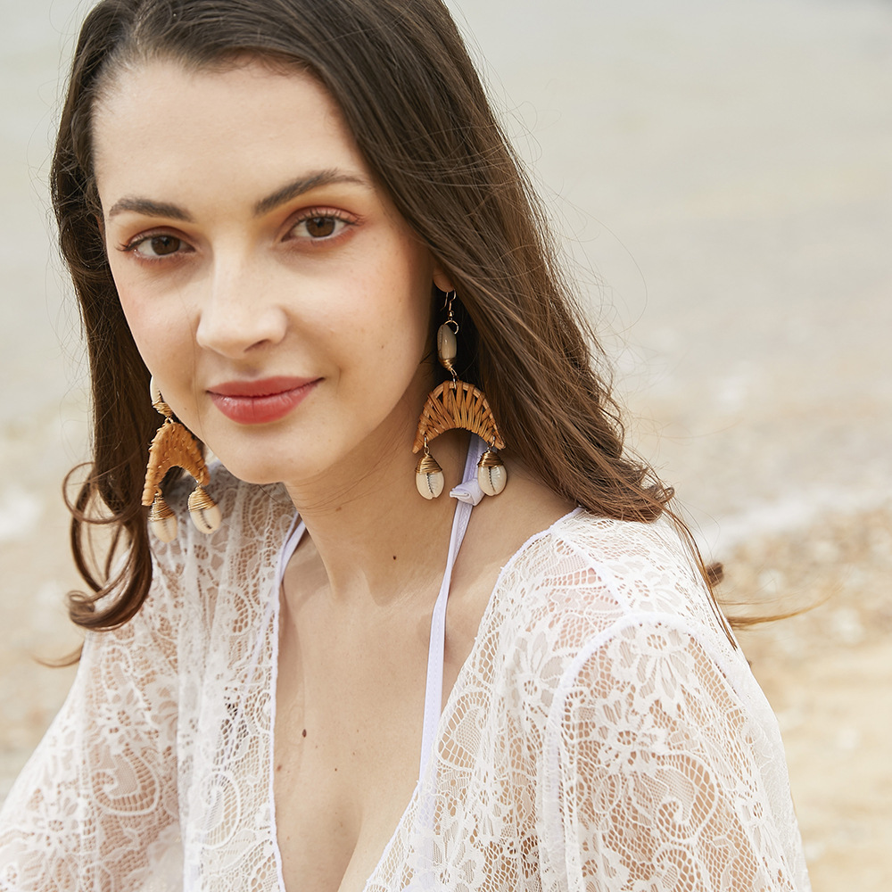 Earrings For Women Woven Handmade Straw Oval Or Circle Shell Drop Dangle Earrings Bohemian Lightweight Earrings Geometric Statement Earrings