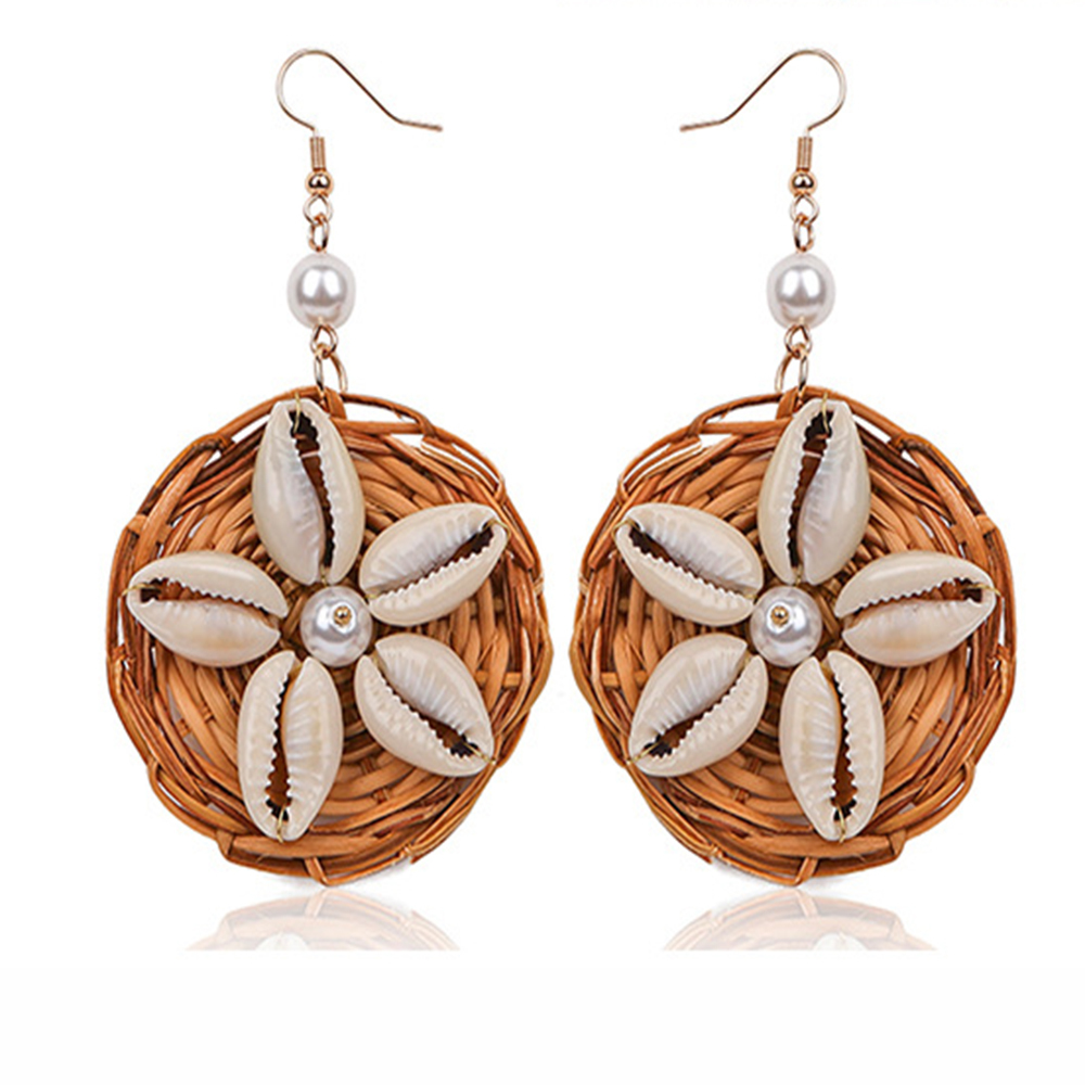 Earrings For Women Woven Handmade Straw Oval Or Circle Shell Drop Dangle Earrings Bohemian Lightweight Earrings Geometric Statement Earrings