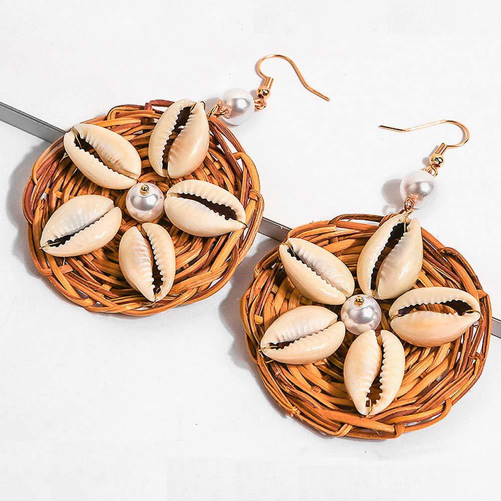 Earrings For Women Woven Handmade Straw Oval Or Circle Shell Drop Dangle Earrings Bohemian Lightweight Earrings Geometric Statement Earrings
