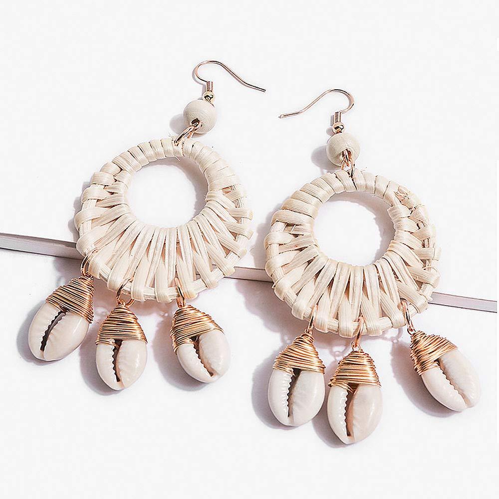 Earrings For Women Woven Handmade Straw Oval Or Circle Shell Drop Dangle Earrings Bohemian Lightweight Earrings Geometric Statement Earrings