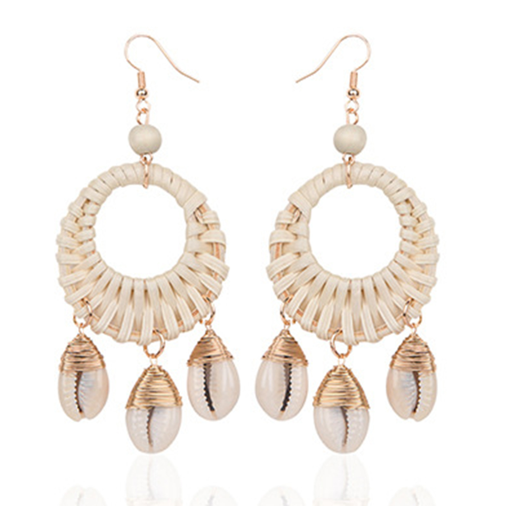 Earrings For Women Woven Handmade Straw Oval Or Circle Shell Drop Dangle Earrings Bohemian Lightweight Earrings Geometric Statement Earrings